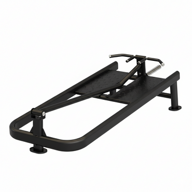 Black Pilates reformer on a white background